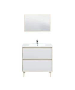 MOBILE BAGNO "VERONA" IN TRUCIOLARE MELAMINICO CON SPECCHIO COLORE BIANCO E ROVERE, 80X45X150 CM